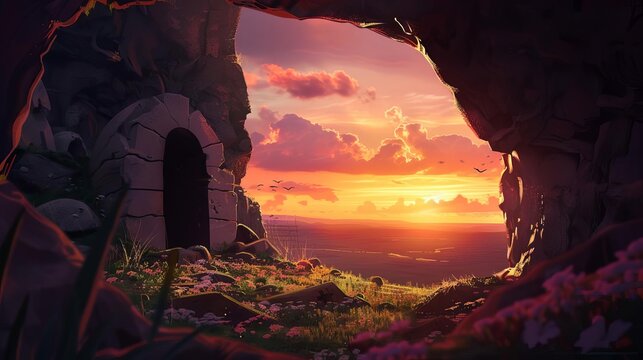 empty tomb of jesus christ at sunrise symbolizing his resurrection and victory over death concept illustration digital painting