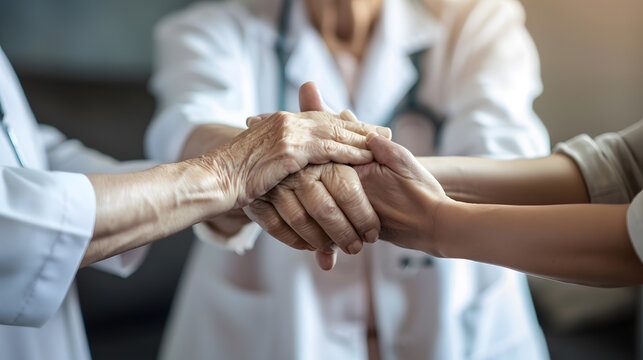Unrecognizable female doctor expressing care towards an elderly lady comforting her and holding hands Two adult women of different age Family values concept lose up copy space backgrou : Generative AI