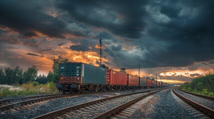 A commercial freight train carrying containers travels down the train tracks under a cloudy sky
