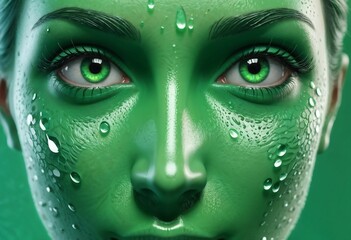 AI-generated illustration of a surreal portrait of a woman with green skin and striking eyes