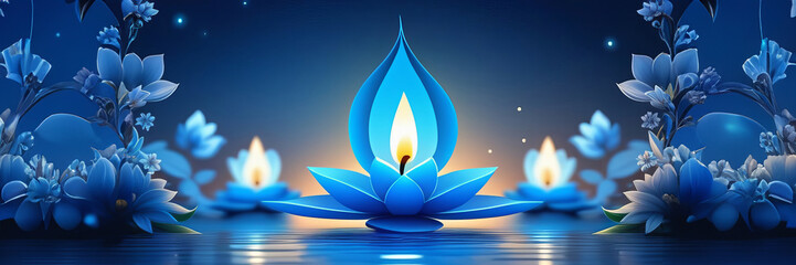 Vesak holiday background with blue lotus flower candle background. Vesak Day backdrop. Web banner - obrazy, fototapety, plakaty
