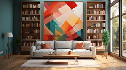 Obraz na płótnie Canvas vibrant geometric artwork adorns living room with blue walls and white sofa