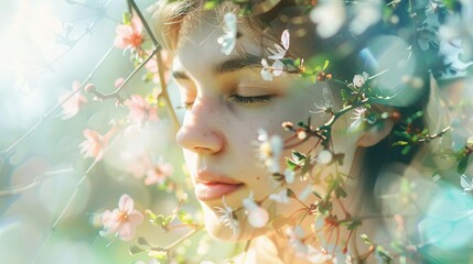 Fototapeta premium enchanting floral portrait of young woman immersed in spring nature double exposure photography natural lifestyle concept