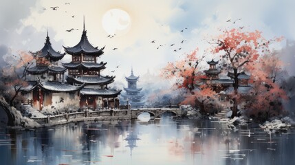 An illustration of a Chinese landscape with a lake, bridge, and pagoda - obrazy, fototapety, plakaty