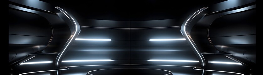 Sleek and Futuristic Dark Podium and Corridor with Glowing Lights and Reflections