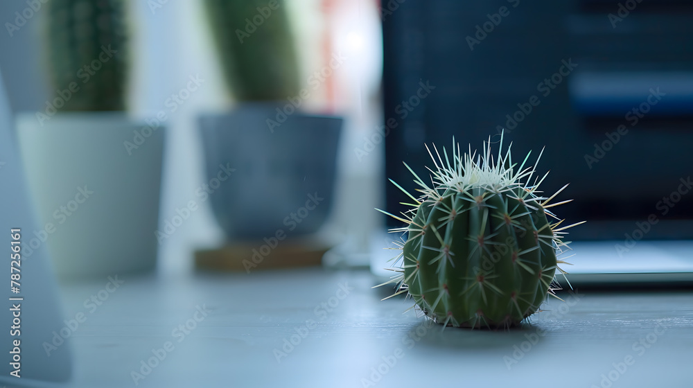 Aufkleber Working with Laptop computer and cactus copy space on table backgroundTop view styleMinmal workspacebusiness Concept : Generative AI