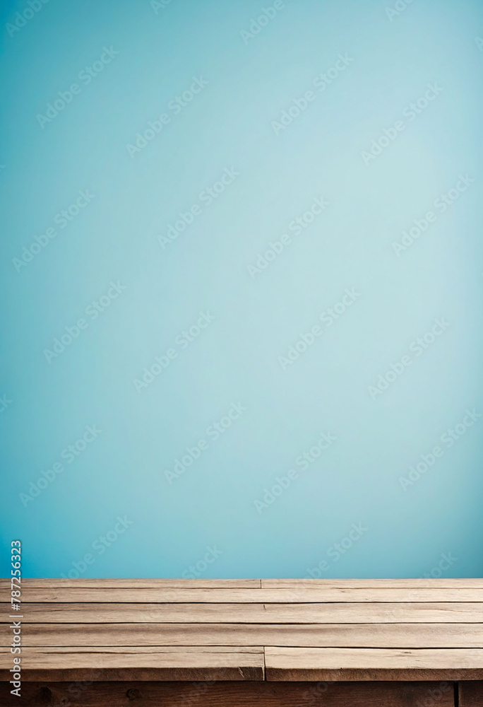 Poster Light blue background with an empty wooden table and plenty of room for your branding and copy. Use as a montage for a product display. Vintage style concept