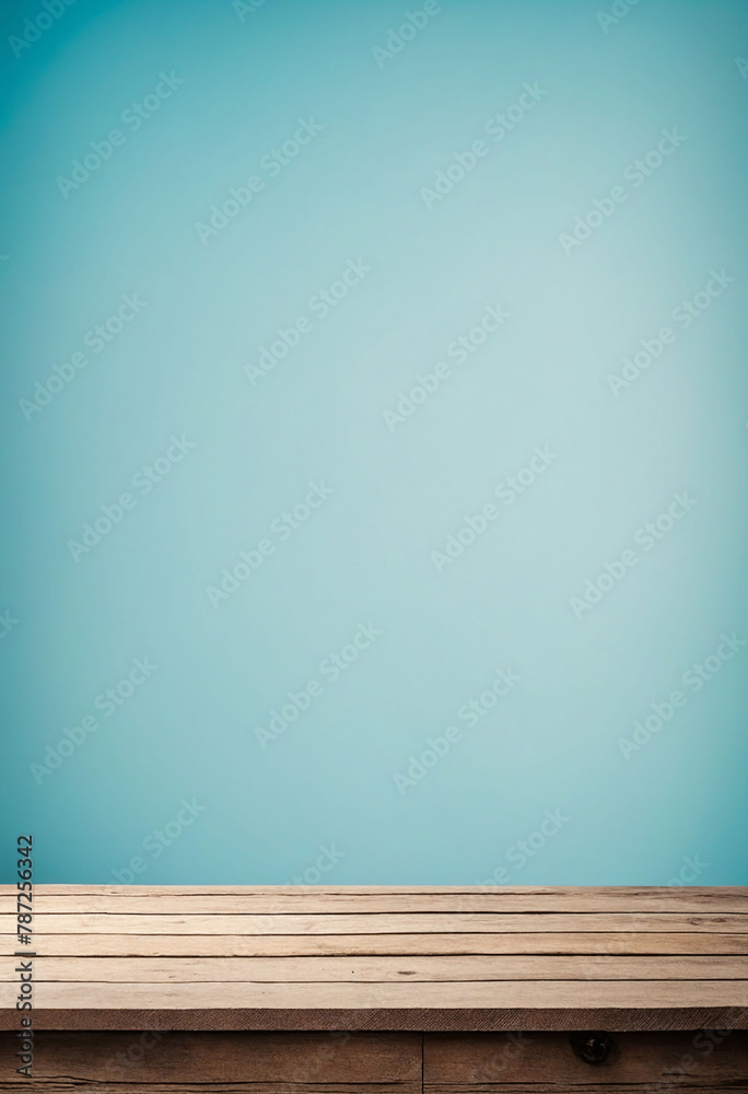 Poster Light blue background with an empty wooden table and plenty of room for your branding and copy. Use as a montage for a product display. Vintage style concept