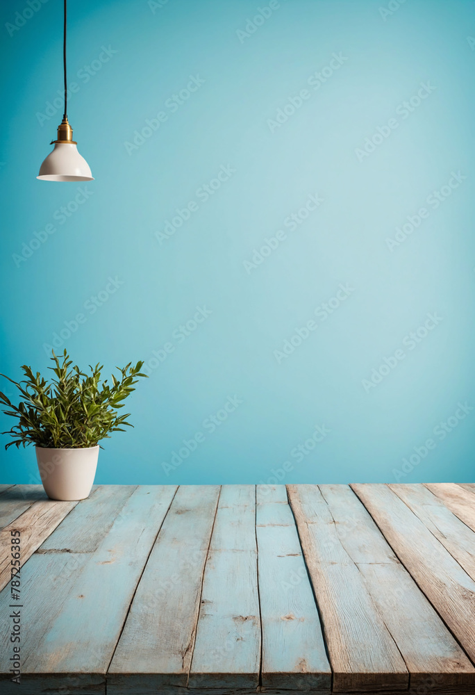 Poster Light blue background with an empty wooden table and plenty of room for your branding and copy. Use as a montage for a product display. Vintage style concept