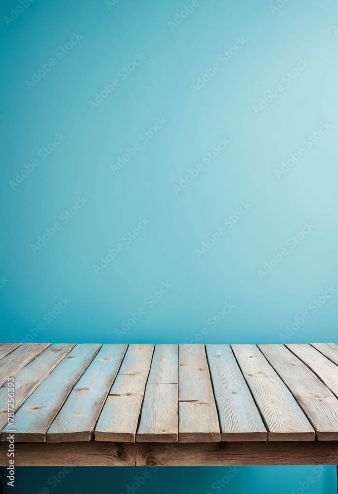 Poster Light blue background with an empty wooden table and plenty of room for your branding and copy. Use as a montage for a product display. Vintage style concept