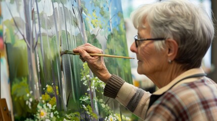 An older woman is focused on painting vibrant flowers on a canvas using a brush in an art workshop - obrazy, fototapety, plakaty