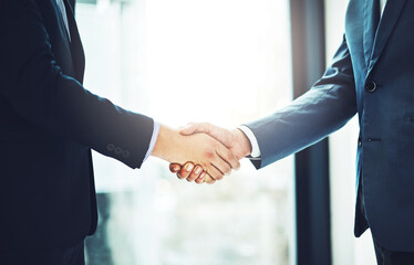 Business people, handshake and teamwork in meeting for b2b deal, agreement or partnership in...