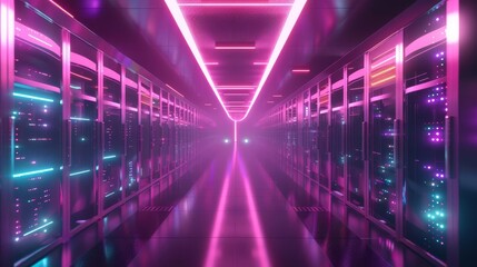 futuristic server room with glowing network cables big data storage technology concept 3d illustration - obrazy, fototapety, plakaty