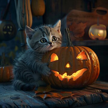 cat and jack olantern pumpkin happy halloween