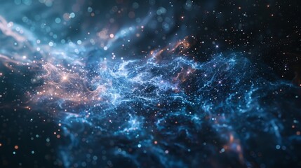 Blue and orange glowing particles resembling a nebula in outer space - obrazy, fototapety, plakaty