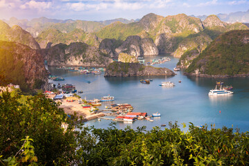 Sea landscape in Vietnam with many small islands and boats. View from above - 787256537