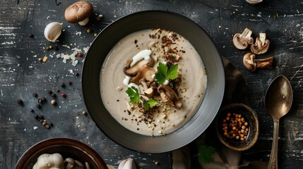 Overhead view of a bowl of soup containing mushrooms, parsley, and sour cream, garnished with crispy toppings - obrazy, fototapety, plakaty