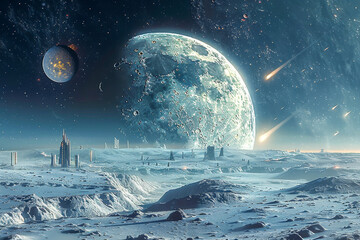Beautiful Space Photography.  Generated Image.  A digital rendering of space photography with spaceships and moons.