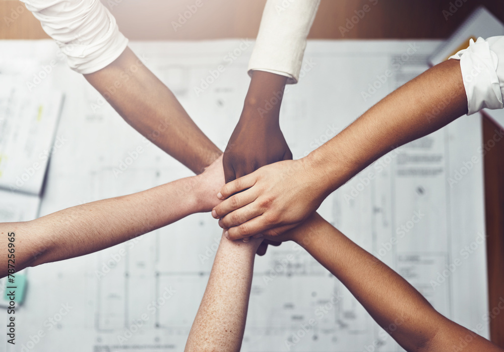 Poster architecture, blueprint and hands of business people in office from above for collaboration or suppo