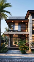 Fototapeta premium Modern tropical villa with pool and lush garden