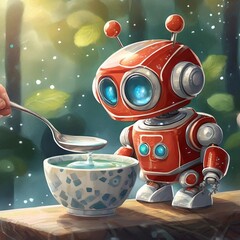 Kleiner roter niedlicher Roboter wird vom Menschen mit einem Löffel gefüttert.
KI, Künstliche Intelligenz. AI, Artifizielle Intelligenz. Technologie, Computer, Informatik, maschinelles Lernen.

