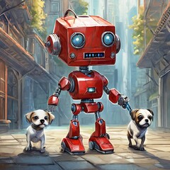Roter eckiger niedlicher Retro Roboter führt zwei Hunde spazieren. Maschinen übernehmen alltägliche Aufgaben. KI, AI, Künstliche Intelligenz, Artifizielle Intelligenz. Informatik, Technologie.