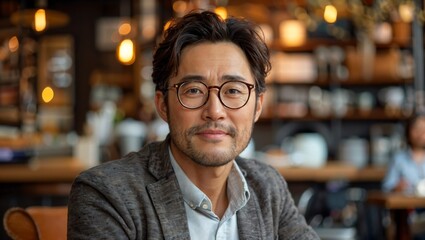 Fototapeta premium Professional Asian man conducting a video conference, seated comfortably at a coffee shop