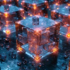 A digital storage system visualized as a series of glowing orbs or cubes, organized in a 3D grid - obrazy, fototapety, plakaty