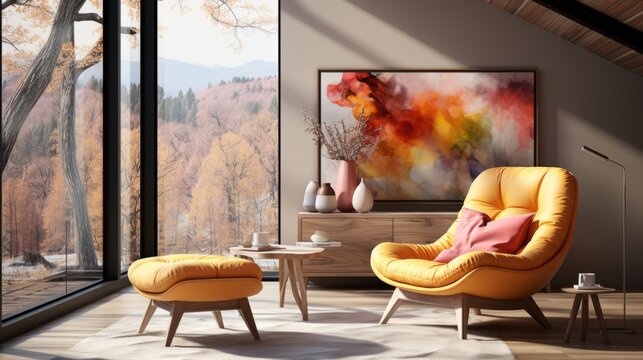 A cozy living room with a large window looking out onto a beautiful fall landscape