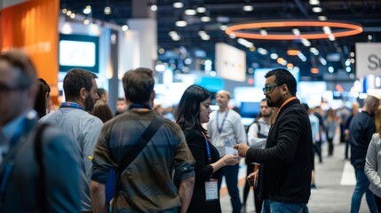 A diverse group of attendees standing around a busy convention hall at a tech conference or expo, showcasing innovation and networking opportunities