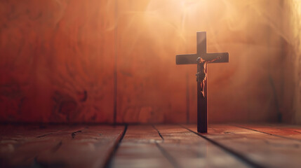 Naklejka premium Religious crucifix cross upright on wooden table background with copy space : Generative AI