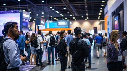 Group of attendees standing and networking around a bustling convention hall during a tech conference or expo showcasing innovation - obrazy, fototapety, plakaty