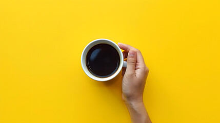 Hand of a man holding a white cup with hot black coffee on yellow background with copy space Morning drinks coffee top view espresso coffee break : Generative AI - obrazy, fototapety, plakaty