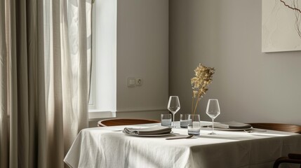A minimalist Scandinavian dining room table set with a pristine white tablecloth, creating a sleek and elegant atmosphere