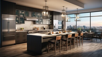 Modern kitchen with a large island and a view of the city