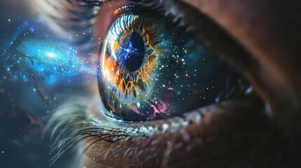 human eye with galaxy and nebula reflection surreal concept of universal consciousness - obrazy, fototapety, plakaty