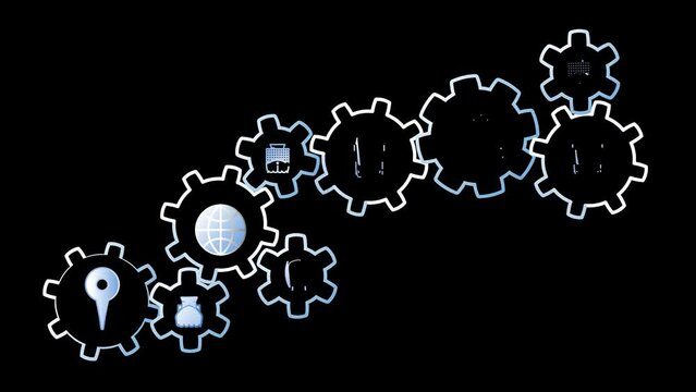 An animated row of rotating gears with symbols of transportation and transportation by means of carbon dioxide emissions. Decarbonization concept. Cg