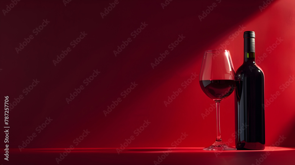 Poster bottle and glass of red wine on a red background copy space : generative ai