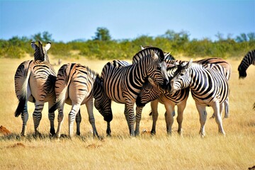 The plains zebra, resp. Burchell's zebra (Equus quagga burchellii) observed in Etosha National Park (Kunene region, northwestern Namibia, Africa) - obrazy, fototapety, plakaty