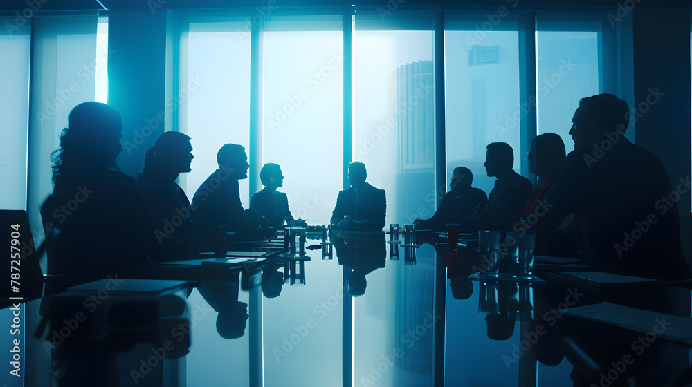 Poster professional project managers group negotiating in boardroom at meeting boss discussing with creativ