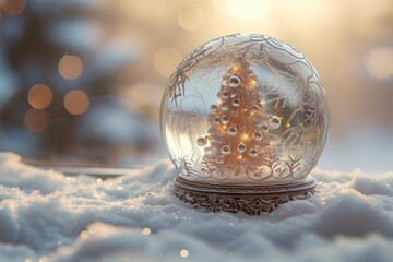 A snow globe with a decorated Christmas tree inside it sits on a snowy surface. - obrazy, fototapety, plakaty