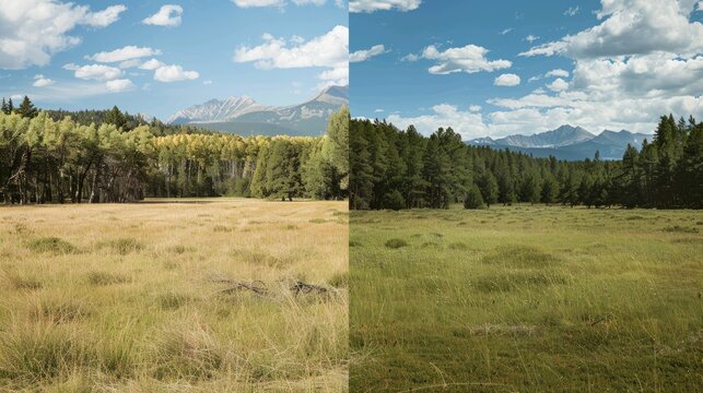 Two pictures display a grassy field with trees and mountains in the background, showing a transformation over time