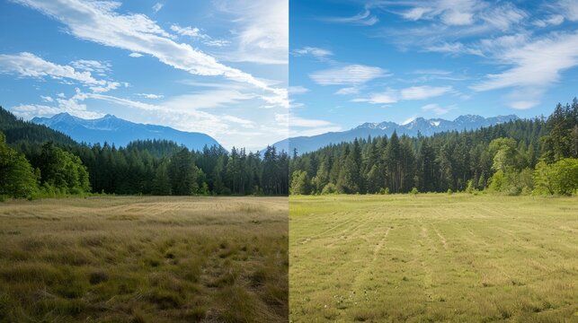 A comparison of two pictures of a grassy field with trees and mountains in the background, showing a transformation over time