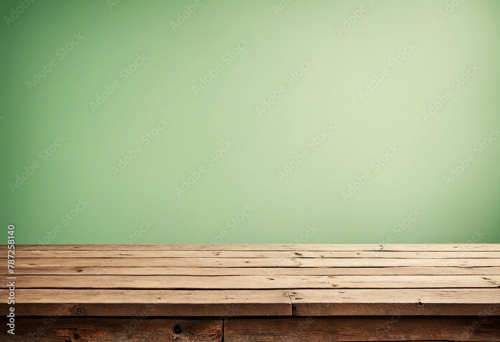 Poster Light green background with an empty wooden table and plenty of room for your branding and copy. Use as a montage for a product display. Vintage style concept