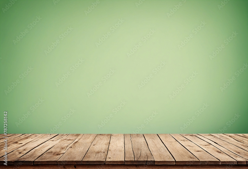 Poster Light green background with an empty wooden table and plenty of room for your branding and copy. Use as a montage for a product display. Vintage style concept