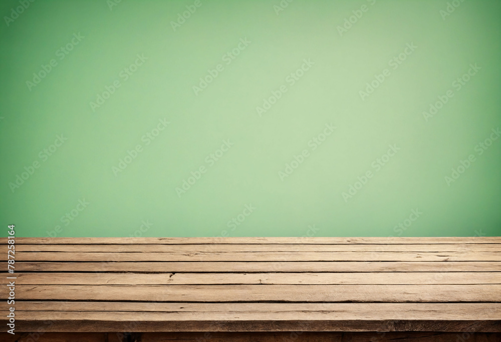 Poster Light green background with an empty wooden table and plenty of room for your branding and copy. Use as a montage for a product display. Vintage style concept