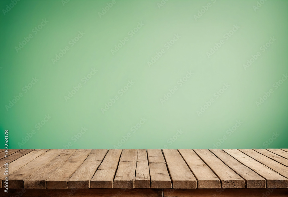 Poster Light green background with an empty wooden table and plenty of room for your branding and copy. Use as a montage for a product display. Vintage style concept