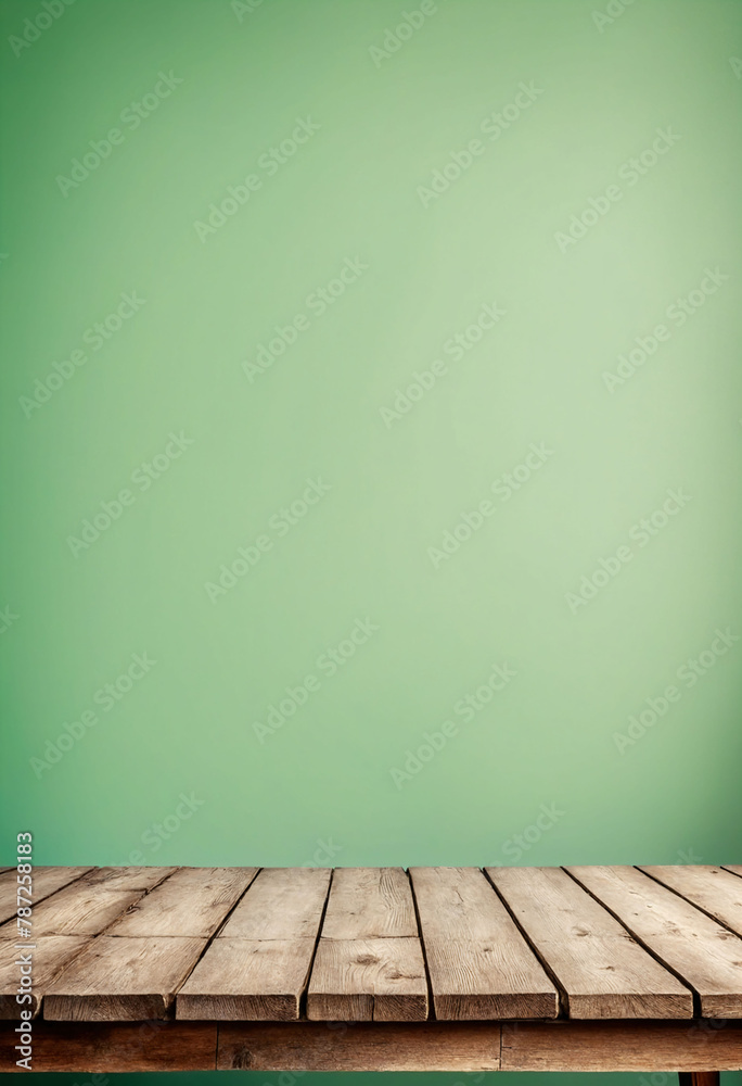 Poster Light green background with an empty wooden table and plenty of room for your branding and copy. Use as a montage for a product display. Vintage style concept