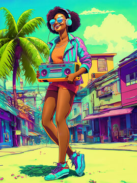 Ilustra&ccedil;&atilde;o no estilo synthwave de uma pessoa vestida com roupas dos anos 90 curtindo m&uacute;sica em seu r&aacute;dio de fita, 