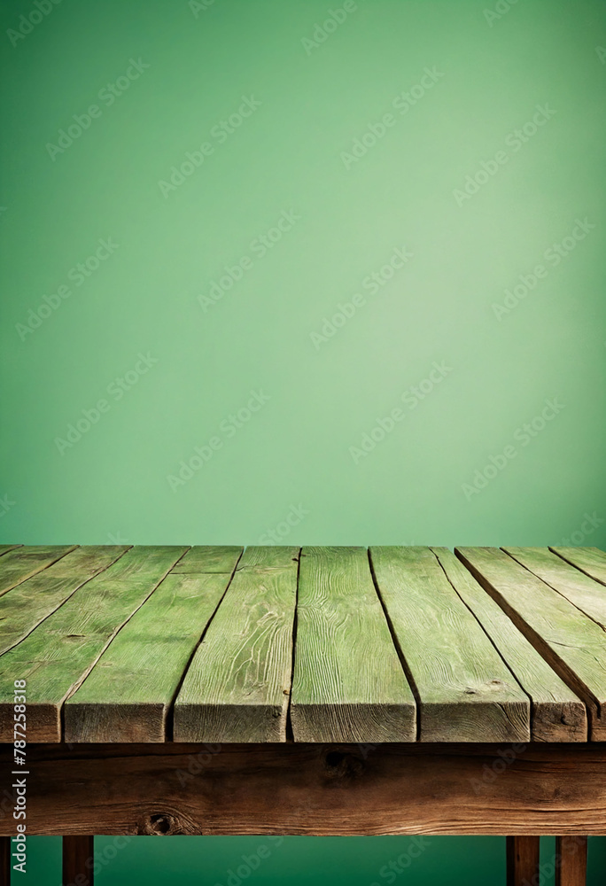 Poster Light green background with an empty wooden table and plenty of room for your branding and copy. Use as a montage for a product display. Vintage style concept